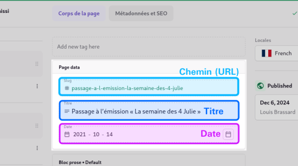 Capture d’écran annotée du panneau d’édition pour une page de type « Actualité »