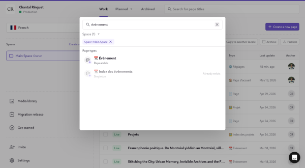 Capture d’écran de la fenêtre de dialogue pour créer une nouvelle page de type « Événement »