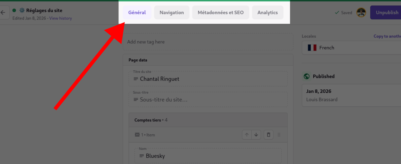 Capture d’écran annotée : onglets dans le document «Réglages du site»
