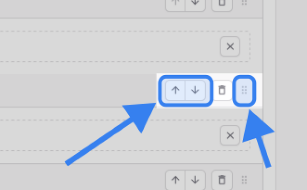Capture d’écran annotée des boutons permettant de réordonner l’ordre d’un item