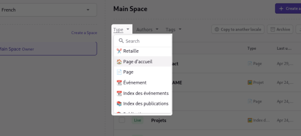 Capture d’écran du filtre d’affichage des types de documents
